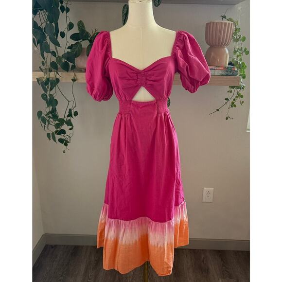 Sachin + Babi Dresses & Skirts - Sachin & Babi Cutout Puff Sleeve Midi Dress Pink Orange Tie Dye Cotton Size 4